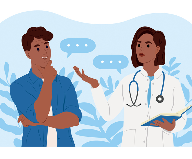 An illustration of a female doctor talking to a male patient.